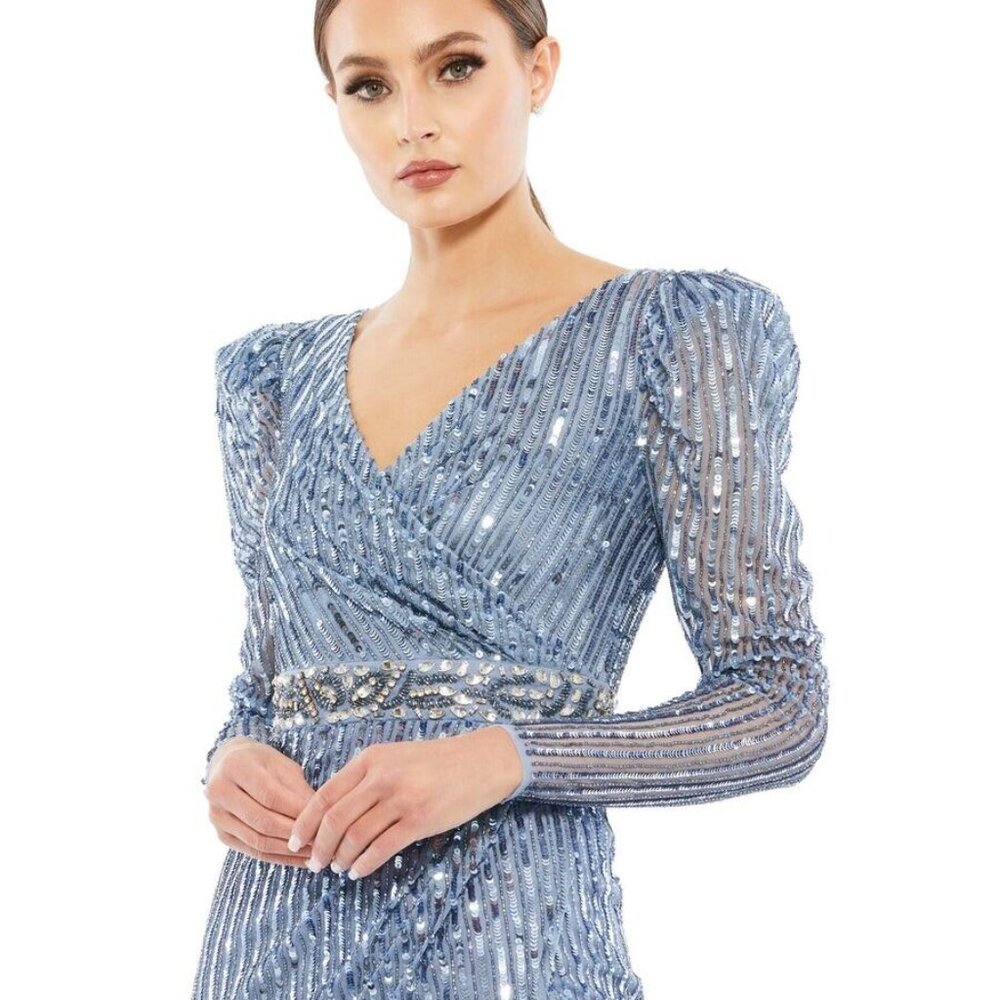 NEW MAC DUGGAL 5509 $598 SLATE BLUE SEQUINED 3/4 SLEEVE TULLE LONG GOWN Size 4 - Picture 2 of 12